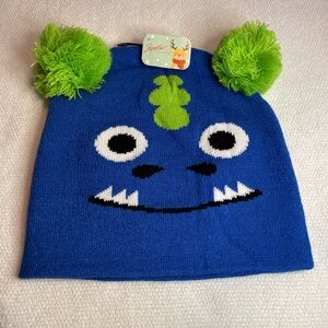 Kids Cold Weather Monster Design Beanie. Blue With Green Pom Poms. NWT